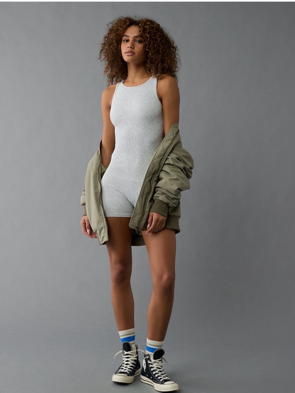 AE Heather Gray high neck seamless Ribbed Tank Romper